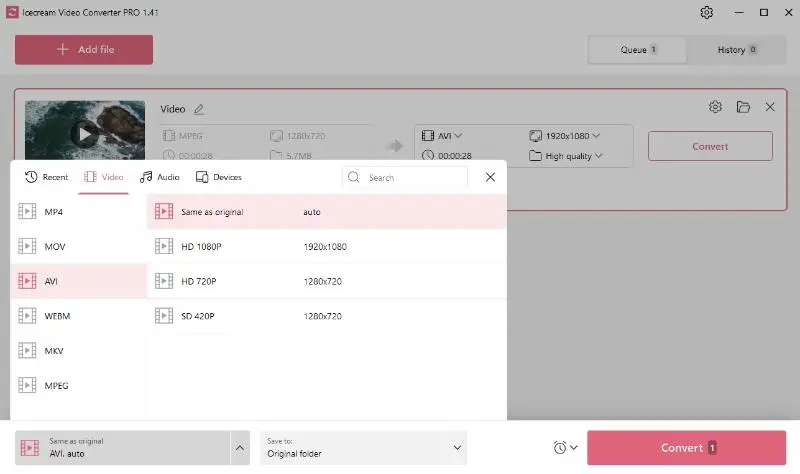 Set AVI as output format in a bulk